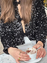 Aiertu  Elegant Sequin Women Cardigan Coat O Neck Hollow Out Bow Tied Shinny Short Top Female Long Sleeve Fashion Highstreet Outerwear Aiertu