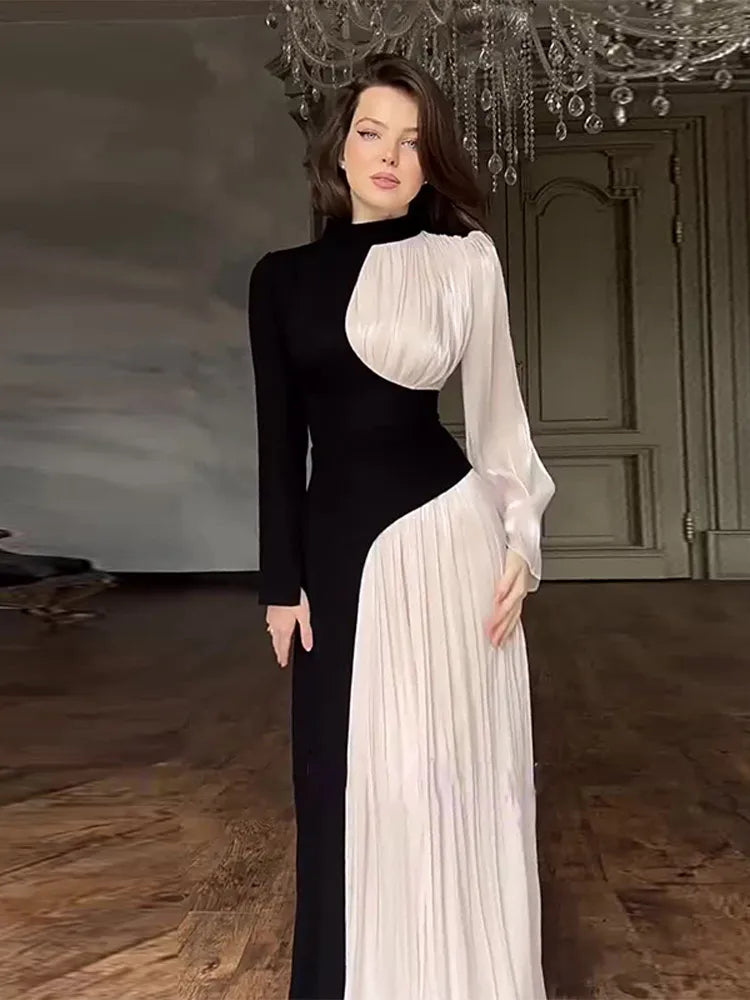 Aiertu  -  Fashion Patchwork Pleated Long Sleeve Dress Women Fashion Half High Collar Evening Dresses 2026 Autumn New Lady Party Long Robes Aiertu