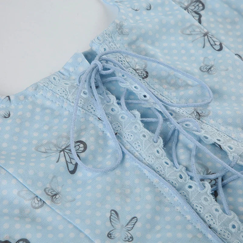 Aiertu  -  Spring Dream Blue Butterfly Printing Contrast Color Mesh Splicing Waist Strap Design Pure Desire Sling Vest Y2K Aiertu