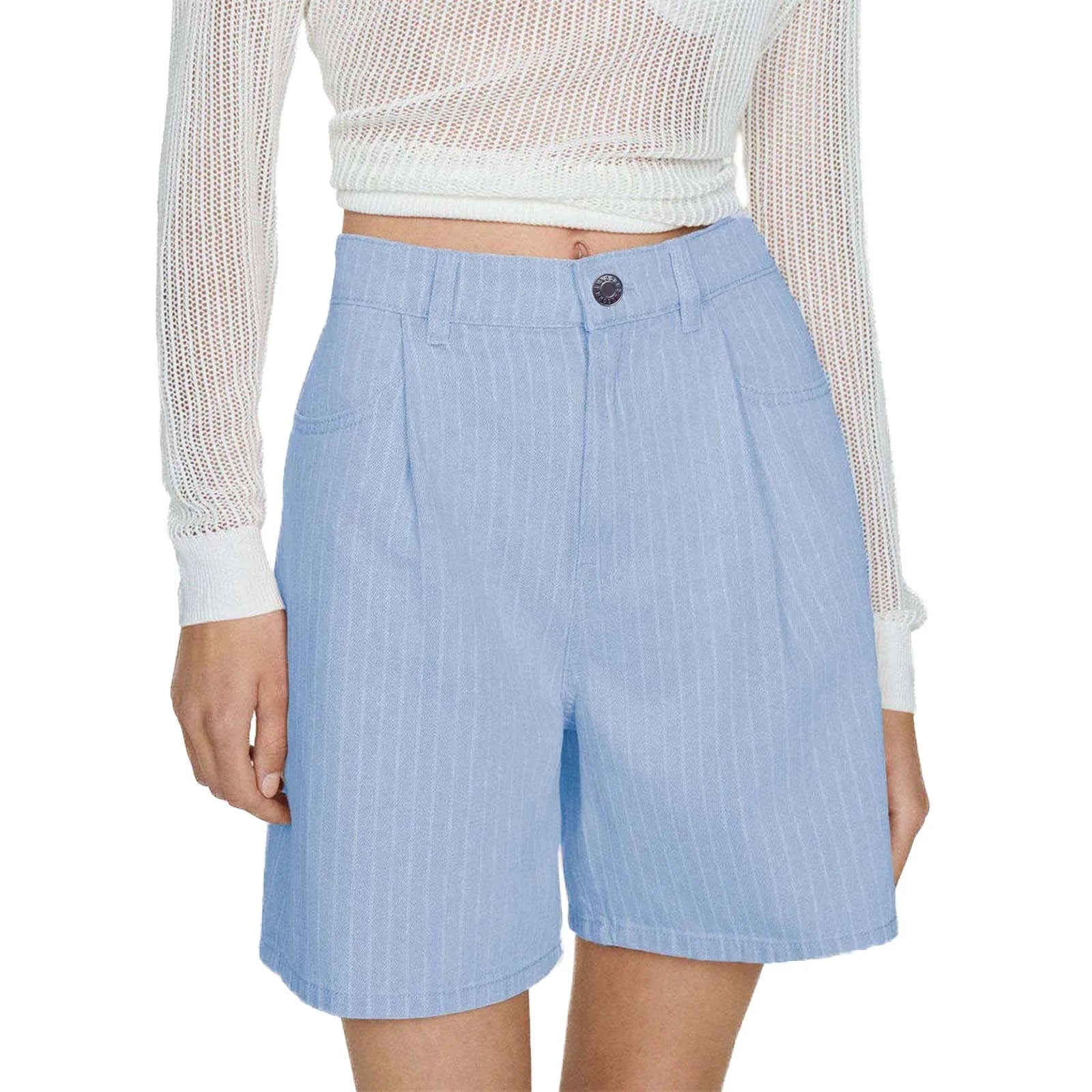 Aiertu  -  Women's Summer Casual Denim Shorts Knee Length Wide Leg Loose Striped Print Shorts for Daily Wear Aiertu