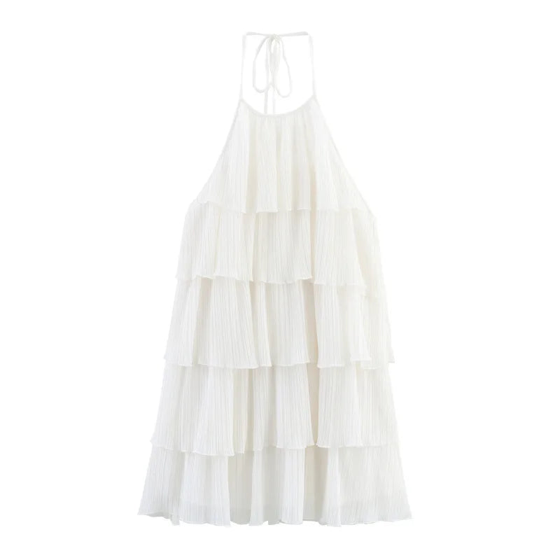 Aiertu  -  Ladies White Pleated Dress Women Sleeveless High Circle Neck Backless Layered Ruffles Mini Robe Summer Sweet Beach Party Gown Aiertu