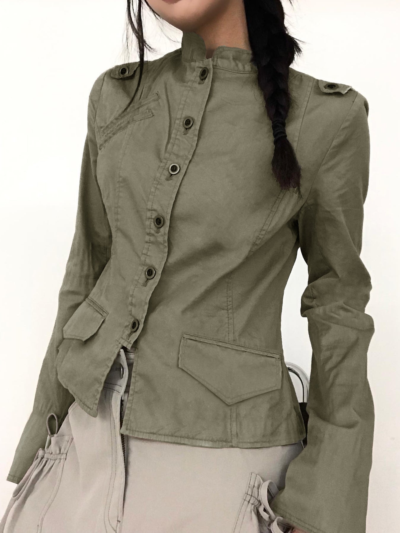 Aiertu - summer inspo Retro Green Slim Cargo Jackets Women Button Up Stand Collar Long Sleeve Autumn Korean New Fashion Outwear Aiertu