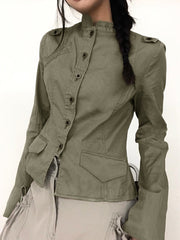 Aiertu - summer inspo Retro Green Slim Cargo Jackets Women Button Up Stand Collar Long Sleeve Autumn Korean New Fashion Outwear Aiertu