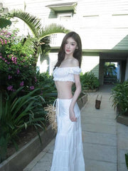Aiertu  Y2k Aesthetic Two Pieces Sets Women Square Collar Sexy Cropped Tops+Streetwear High Waist Drawstring Skirts 2025 Summer Outfits Aiertu