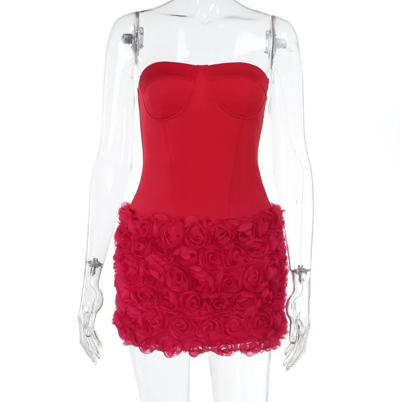 Aiertu  -  Red 3D Flower Evening Tube Top Dress For Women 2025 Spring New Tight Waist Mini Dress Lady Fishbone Splice Elegant Dress Aiertu