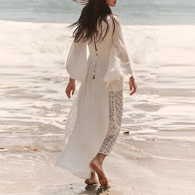 Aiertu  -  Casual Solid Flare Long Sleeved Dresses Elegant V Neck Lace Up Beach Vacation Dresses Fashion Lace Embroidery Women Long Dresses Aiertu