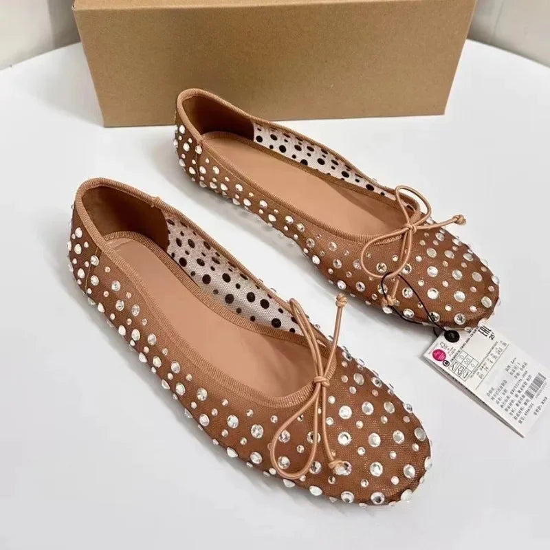Aiertu  -  Luxury Rhinestones Women Shoes Spring Shallow Breathable Mesh Round Toe Bling Bowtie Elegant Ballet Flats for Female Aiertu