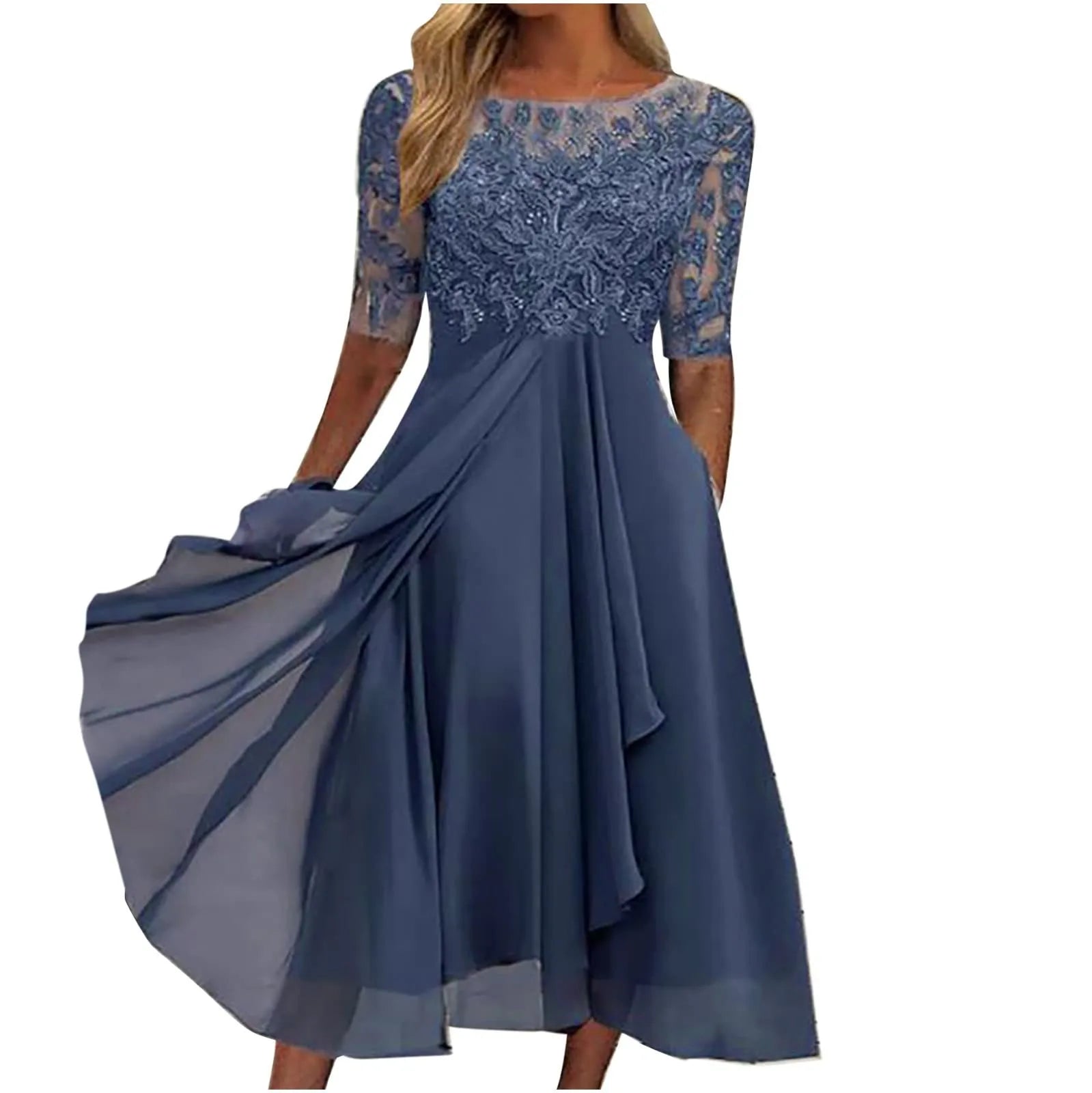 Aiertu  -  Dresses For Women Elegant Lace Chiffon Flowy Dress Evening Party Gown Half Sleeve Lace Chiffon Dress Vestidos En Oferta Liquidac Aiertu