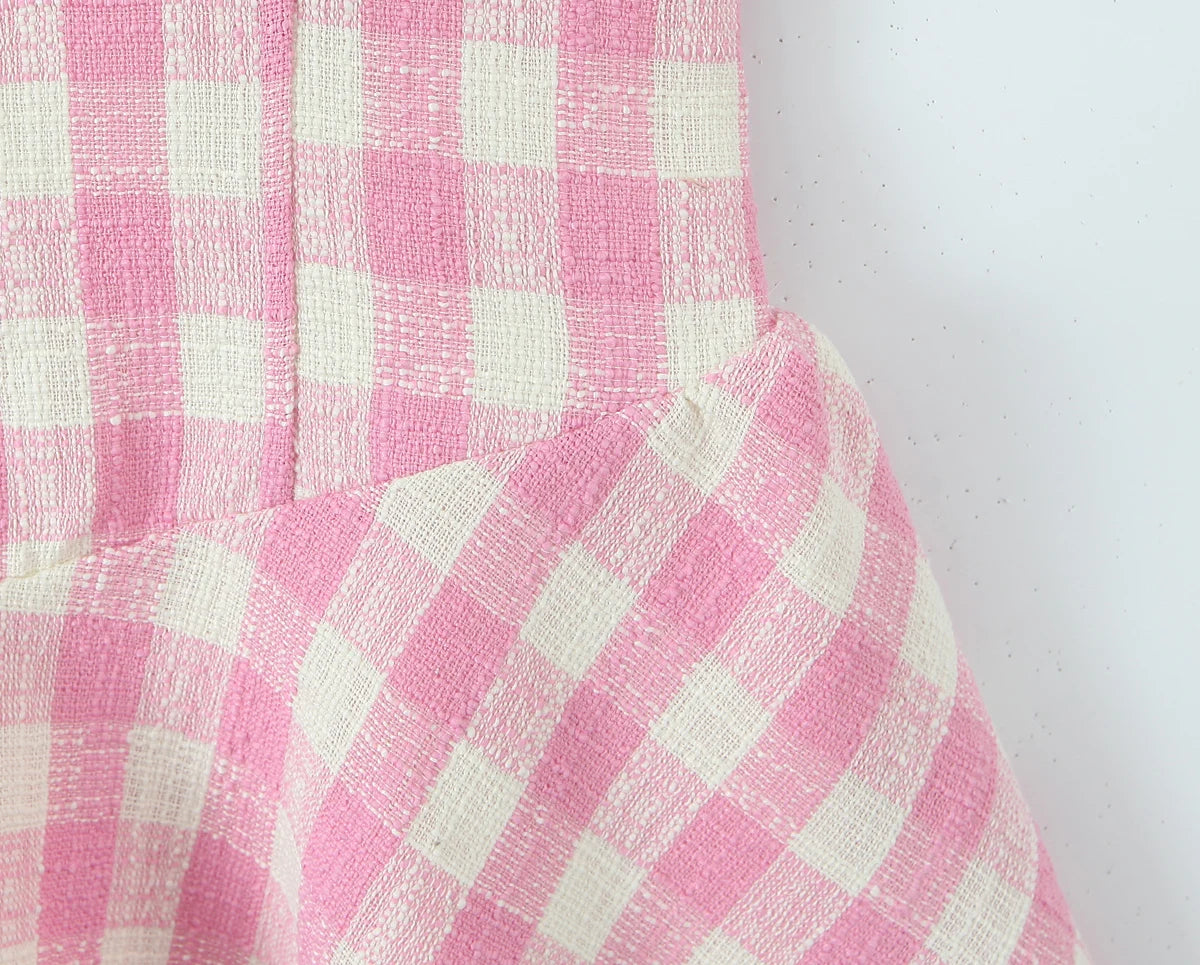Aiertu  -  Sexy Gingham Pink Plaid Spliced Wood ears Lace Halter Dress Women V neck Slim Low Waist Swing Ball Gown Short Dresses Robe Aiertu