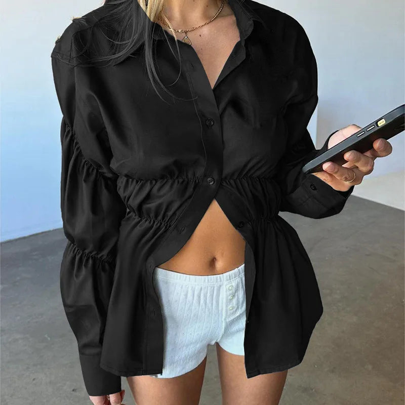 Aiertu  -  Elegant Fashion Shirring Button Shirt Women Casual Solid Long Sleeve Lapel Blouses Shirts Spring Slim Tops Tunic Blusas Streetwe Aiertu