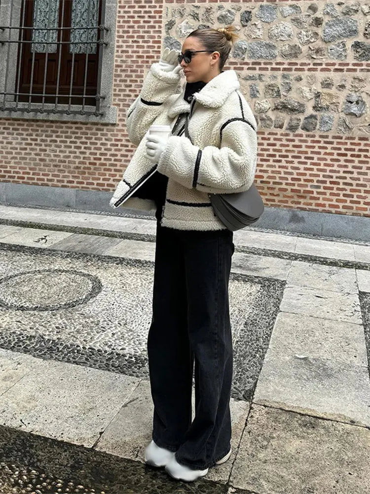 Aiertu  -  Women Plush Zipper Jacket Solid Patchwork Long Sleeve Lapel Motorcycle Coat Casual Autumn Winter Female Street Warm Outerwear Aiertu