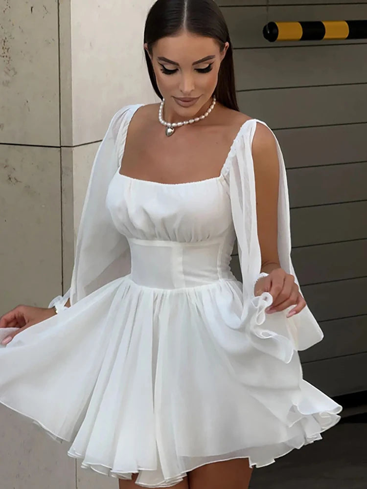 Aiertu  -  Sexy Square Collar Hollow Out Women Dress White Long Sleeve Bandage Mini Dress Winter Slim Elegant Party Club Dress Aiertu