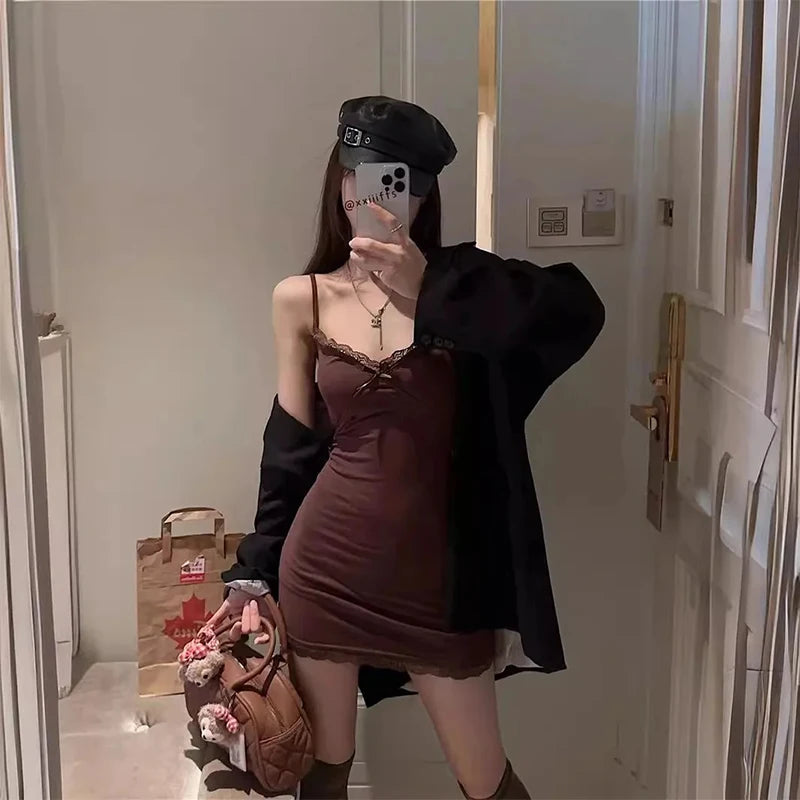 Aiertu Hot Girl Lace Suspender Dress for Women Spring and Summer with Breast Pads Sexy Slim Elegant Low Collar Bottoming Hip Skirt Aiertu
