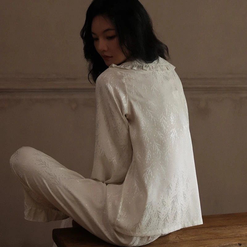 Aiertu  -  Elegant Jacquard Flower Women's Pajamas Set Satin Two Pieces Loungewear Casual Ruffle Collar Sleepwear Princess Style Pyjamas Aiertu