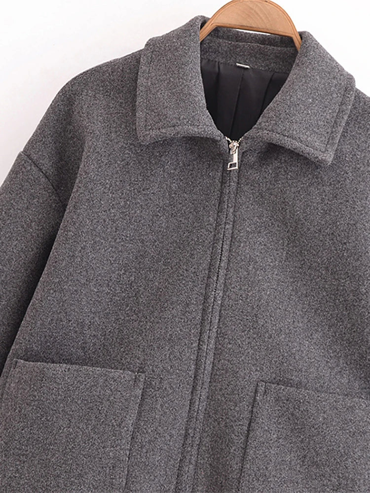 Aiertu  -  Woolen Zipper Solid Women Jacket Full Sleeve Pocket Lady Coat Fashion Autumn Winter Lapel Warm Casual Female Overcoat Aiertu