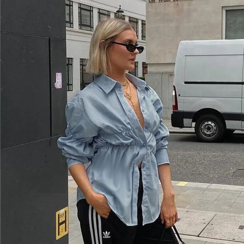 Aiertu  -  Elegant Fashion Shirring Button Shirt Women Casual Solid Long Sleeve Lapel Blouses Shirts Spring Slim Tops Tunic Blusas Streetwe Aiertu