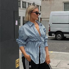 Aiertu  -  Elegant Fashion Shirring Button Shirt Women Casual Solid Long Sleeve Lapel Blouses Shirts Spring Slim Tops Tunic Blusas Streetwe Aiertu