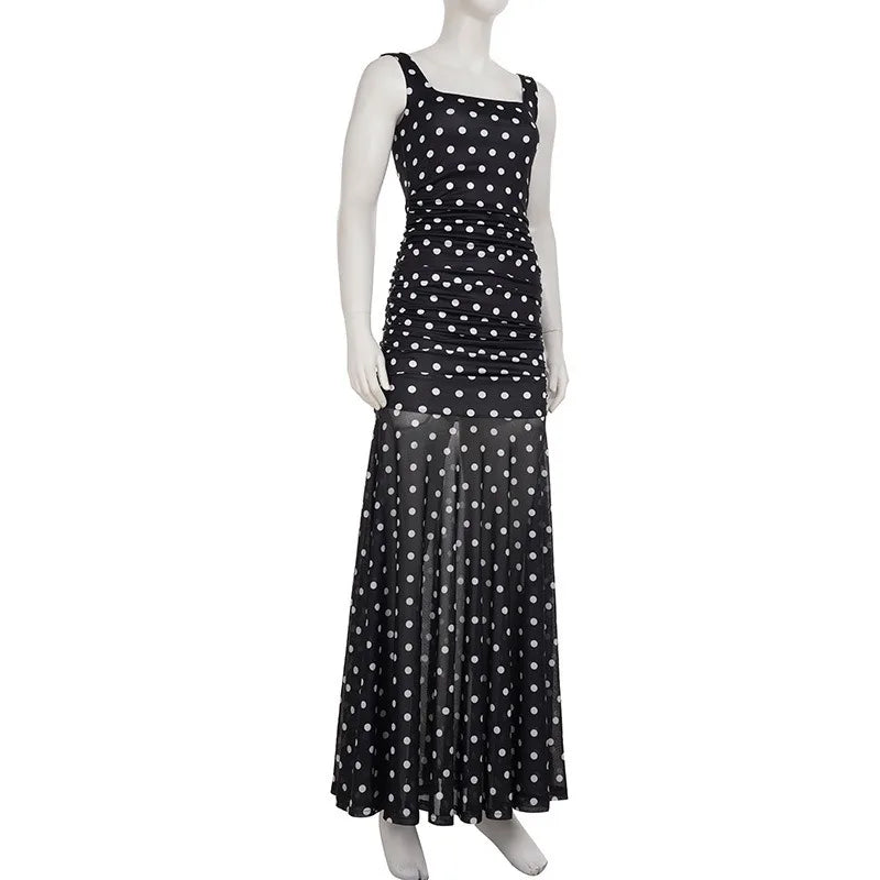 Aiertu  -  See Through Polka Dot Print Mesh Summer Dress French Style Elegant Square Neck Sleeveless Long Dresses P77-EG35 Aiertu