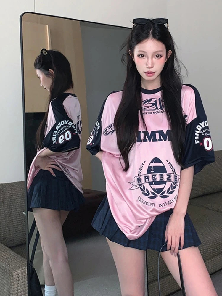 Aiertu  -  Satin Pink Sport T Shirts Women Letter Print Patchwork Short Sleeve Tops American Retro Summer Basketball Loose Clothes Aiertu