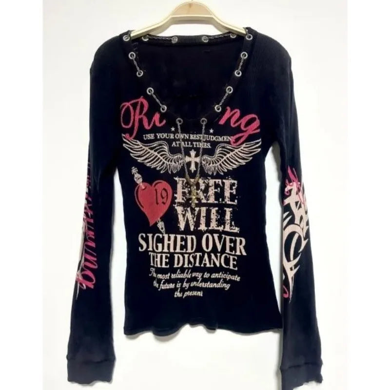 Aiertu  -  American Gothic Lettering Printed Long-sleeved T-shirt Women Retro Millennium Babes Rock Sexy Casual Harajuku Casual Y2K Top Aiertu