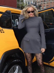 Aiertu  -  Fashion O-neck Flip Pockets A Line Dress Women Elegant Long Sleeve Hip Package Slim Mini Dress Autumn Winter New Lady Party Gown Aiertu