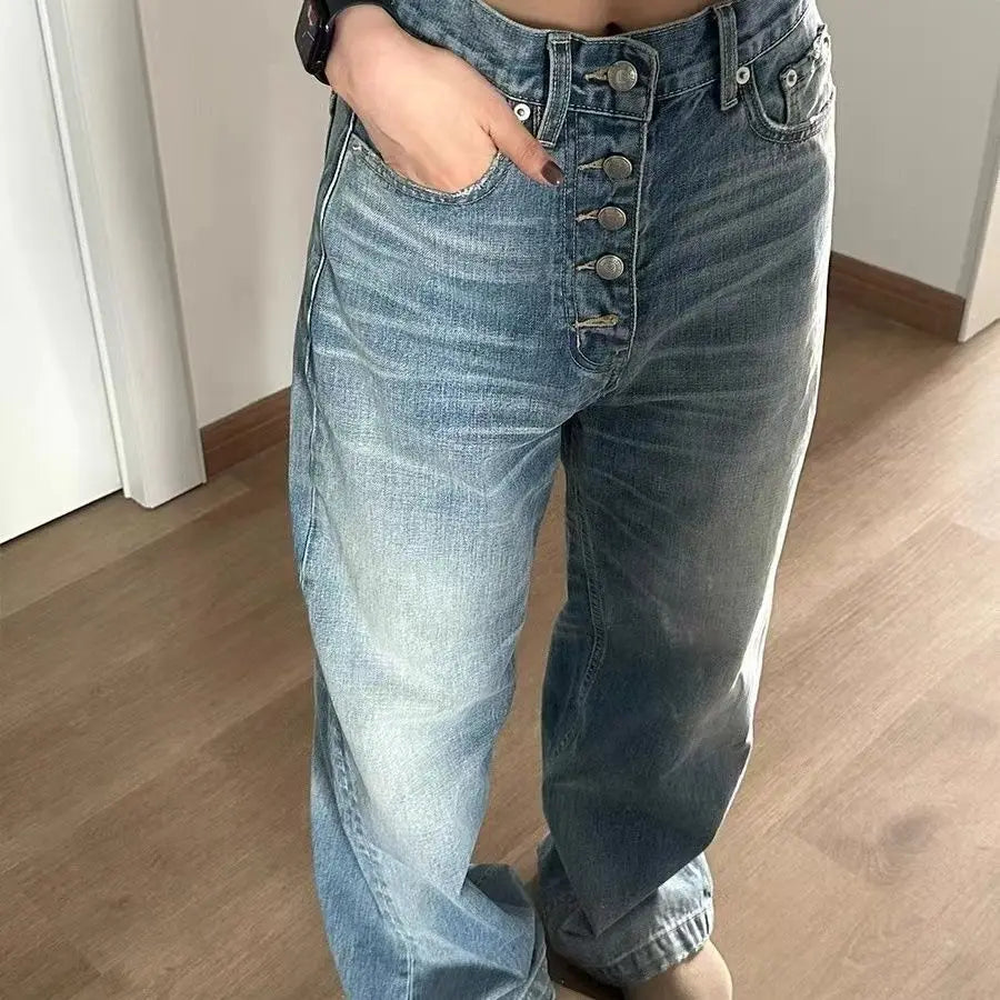 Aiertu  -  Y2K Fashion Blue Simple Multi-button Design Casual Jeans Retro Washed Loose Harajuku Street High Waist Straight Wide Leg Jeans Aiertu