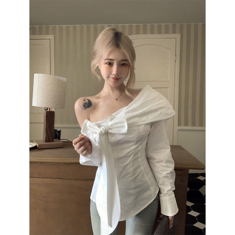 Aiertu Elegant White Shirts Women Streetwear Fashion Bow Bandage Blouses Korean Sexy Off Shoulder Long Sleeve Slim Design Tops Aiertu