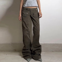 Aiertu  -  Vintage Pocket Women Y2K Jeans Streetwear Fashion Low Waisted Denim Pants Grunge Style Straight Trousers Harajuku Aiertu