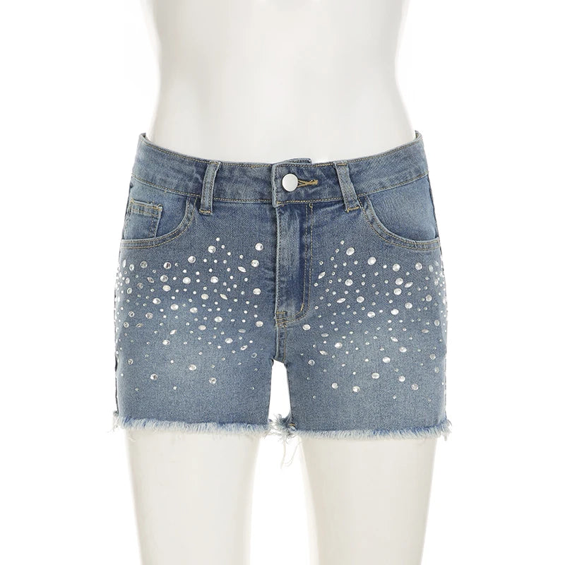 Aiertu  -  y2k Rhinestone Denim Shorts Summer Casual Low Rise Skinny Short Jeans for Women Streetwear All-match Shorts Harajuku 90s Aiertu