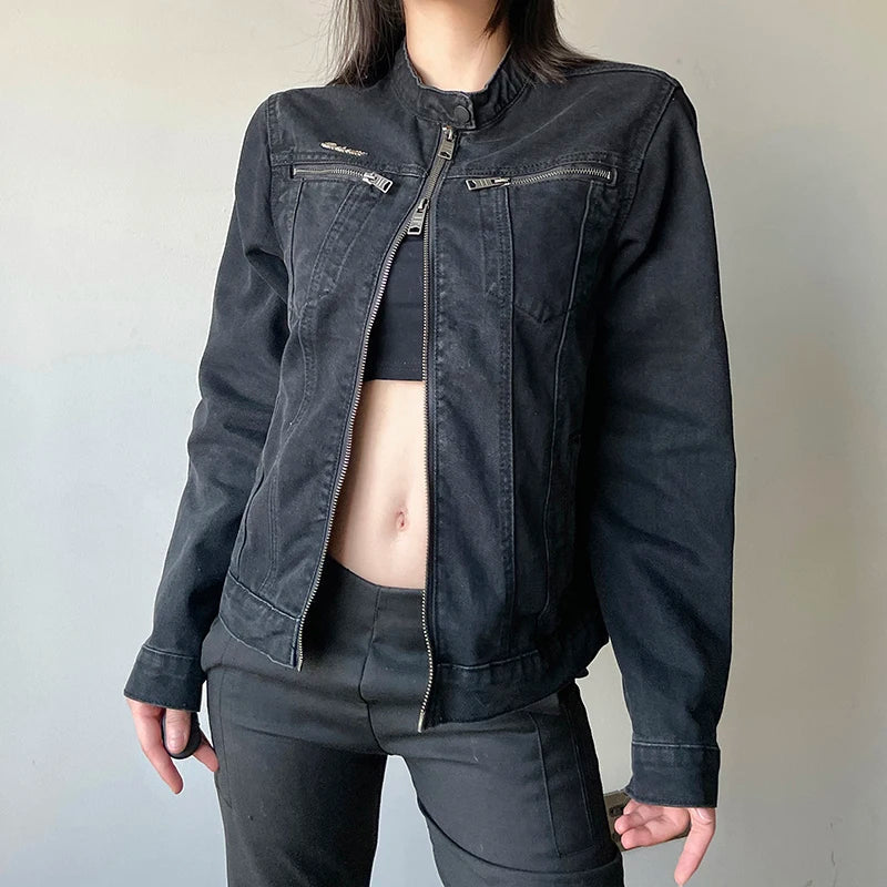 Aiertu  -  Punk Style Jeans Jacket Women Streetwear Stylish Y2K Casual Zipper Denim Coat Harajuku Vintage Winter Outwear Korean Aiertu
