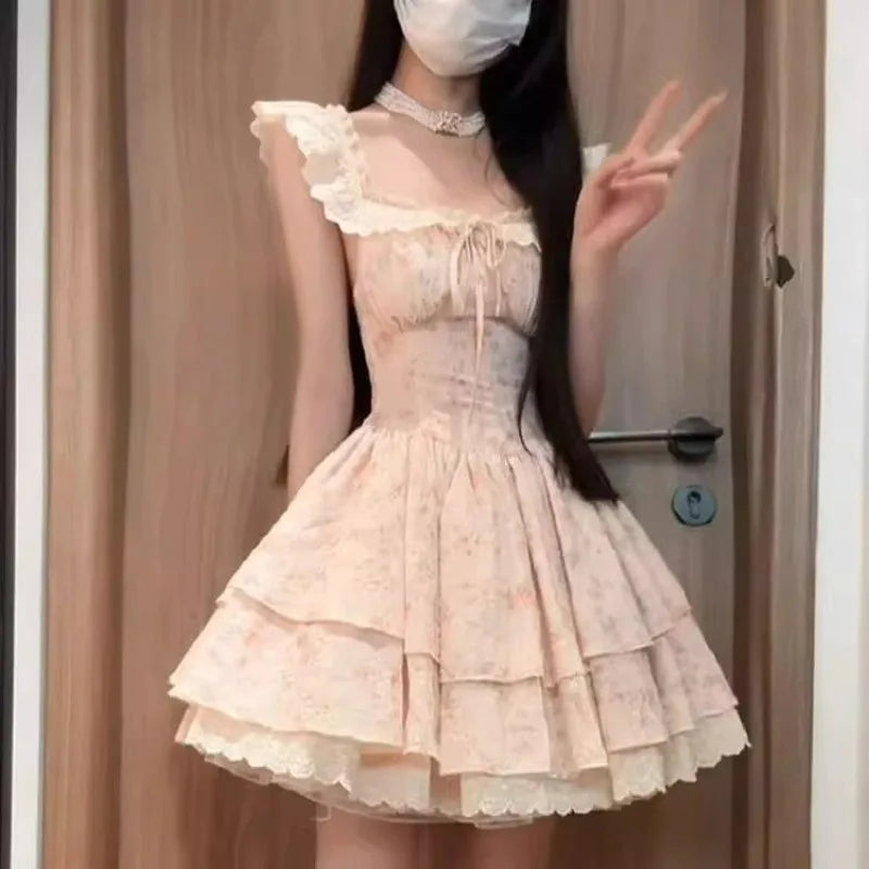 Aiertu  -  Hot Girl Lace Flying Sleeve Floral Dress for Women's Summer Slim Fit Square Collar A-line Short Dress Fashion Female Clothes Aiertu