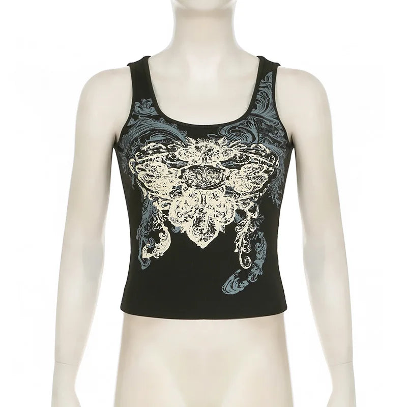 Aiertu  -  Dark style retro printed vest top round neck slim pullover sleeveless knitted top for women summer Aiertu