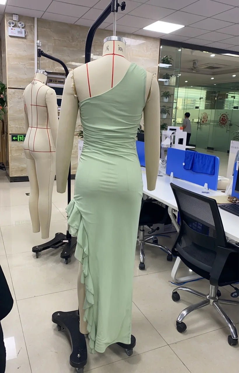 Aiertu  -  Women One Shoulder Bodycon Maxi Dress Sleeveless Backless Ruffle High Split Evening Party Dress Cocktail Clubwear Aiertu
