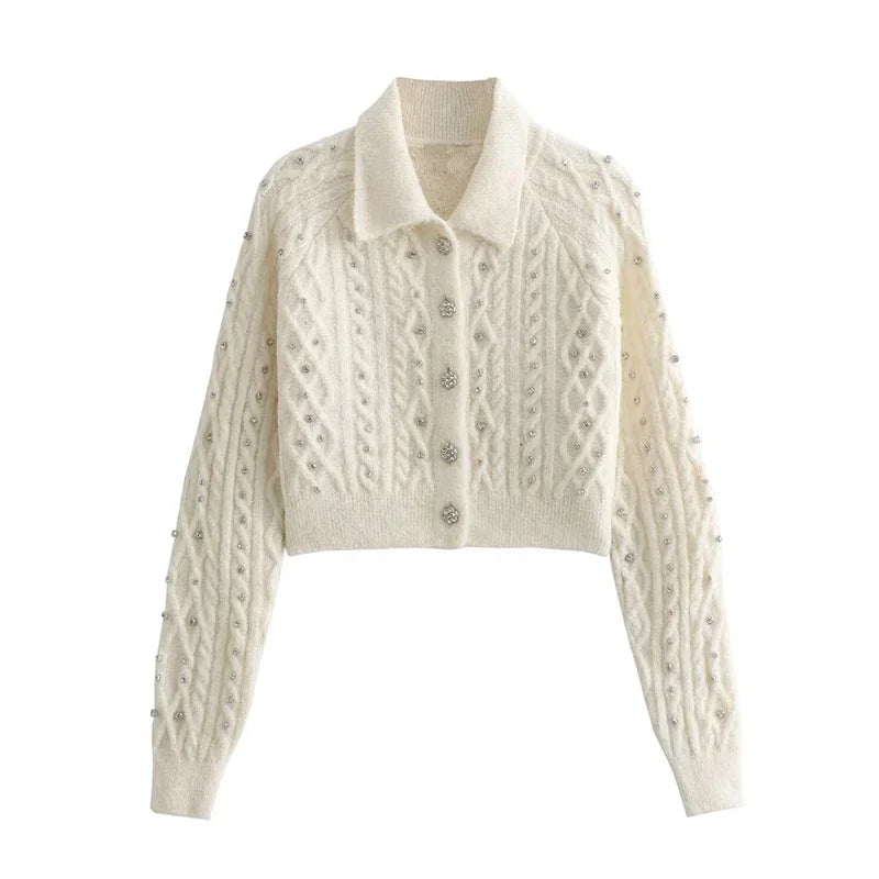 Aiertu  -  Elegant Diamonds Sweater Cardigans Women Lapel Long Sleeve Single Breasted Sweaters 2026 Autumn Winter New Lady Tops Streetwear Aiertu
