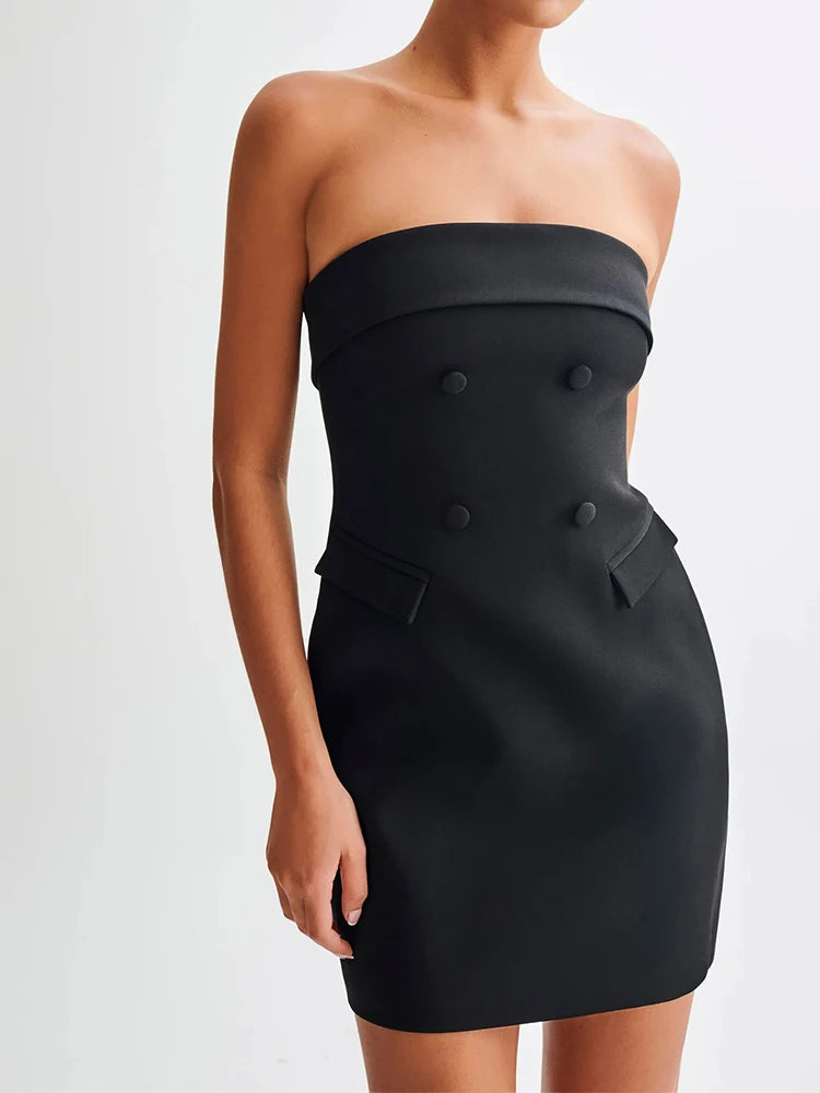 Aiertu  -  Elegant Strapless Sexy Mini Dress for Women Button pocket Zipper Off-Shoulder Sleeveless Female Backless A-line Club Party Aiertu