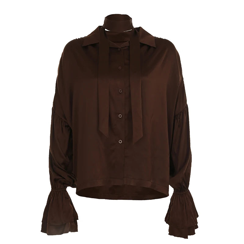 Aiertu  -  cold weather outfits Fashion Flare Sleeve Blouse Shirt with Scarf Y2K Women Vintage Brown Oversized T-shirt Casual Top Autumn Streetwear Aiertu