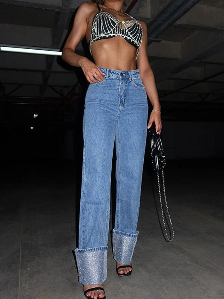 Aiertu  Chic Women Patchwork Cuffed Jeans Y2K High Waist Flanged Hot Drilling Straight Jean Pants 2025 New Casual Denim Pants Streetwear Aiertu