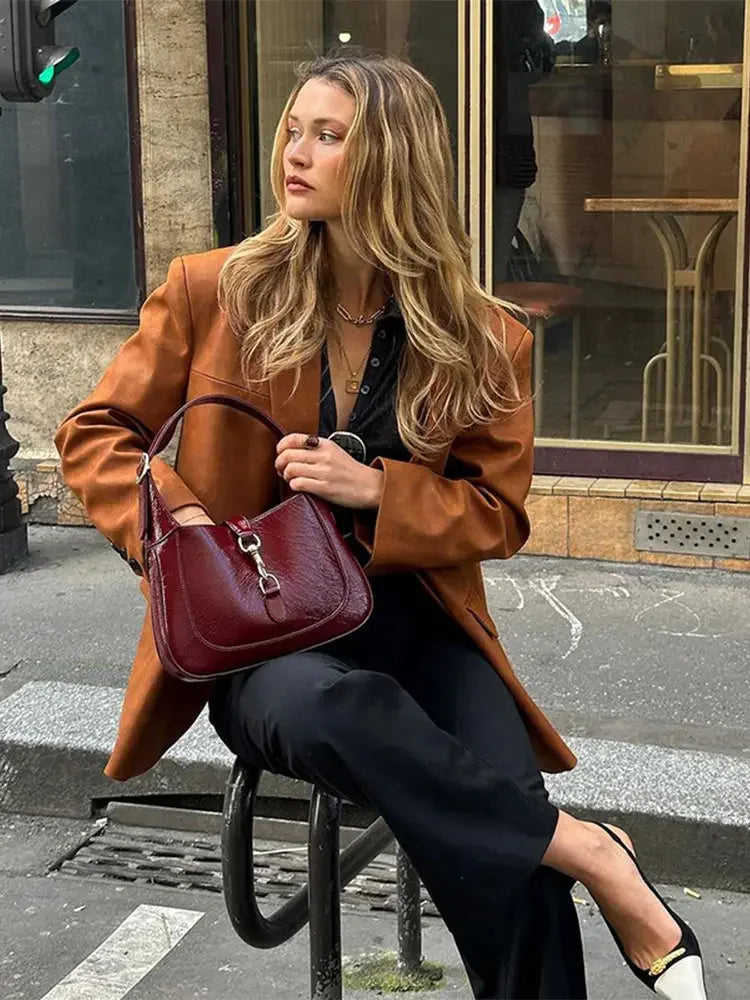 Aiertu     -  Fall Outfits 2026 Women Retro Brown Lapel Blazer Jacket Fashion Single Breasted Long Sleeves Office Suit Coats Autumn New Lady Commute Outerwear Aiertu