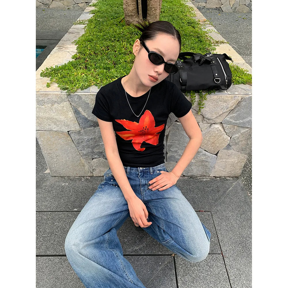 Aiertu  -  Girl Slim Flower Printed T-Shirt Women's 2026 Spring and Summer Versatile Short Top Women Aiertu