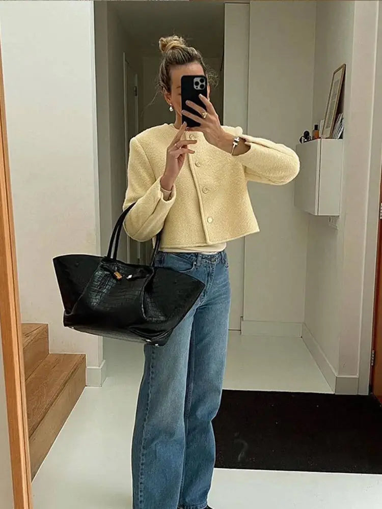 Aiertu  -  Women Elegant White Single Breasted Cropped Jacket Autumn Lady Long Sleeve O-neck Short Coat Fashion Female Commuting Outerwear Aiertu