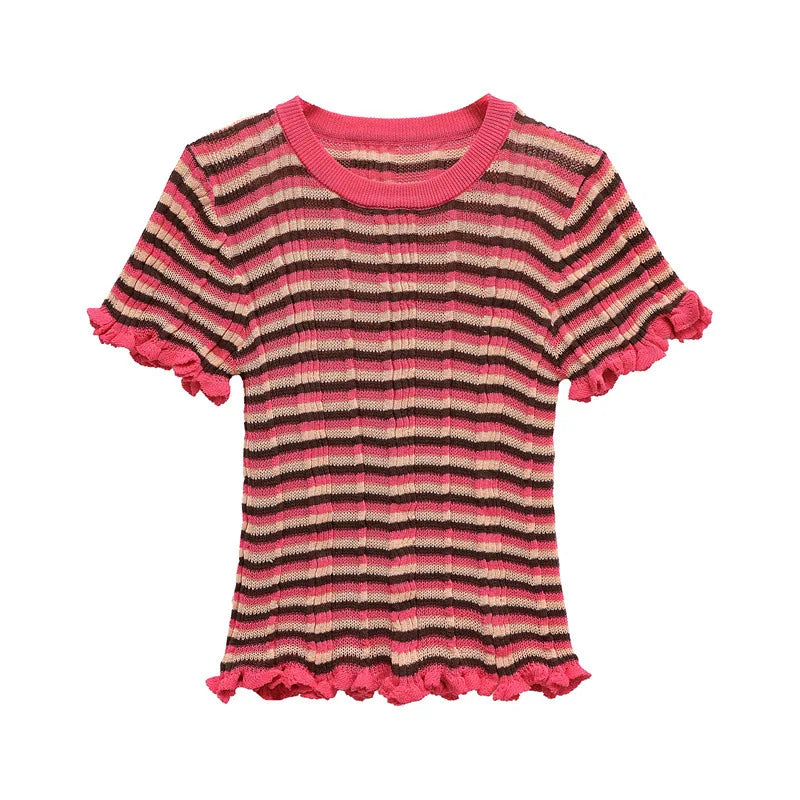 Aiertu  -  Color Striped Knitted Slim T-shirt Women O Neck Ruffle Short Sleeve Tops Tee Shirt Summer New Streetwear Fashion Casual T-shirts Aiertu