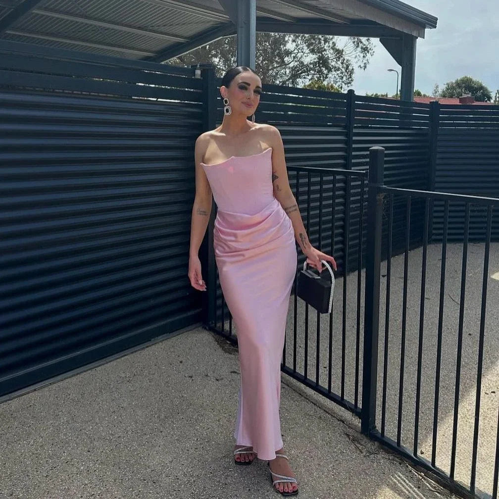 Aiertu  -  Winter Women Strapless Evening Dress 2025 Pink Maxi Corset Dress Elegant Long Satin Night Gala Party Dresses Aiertu