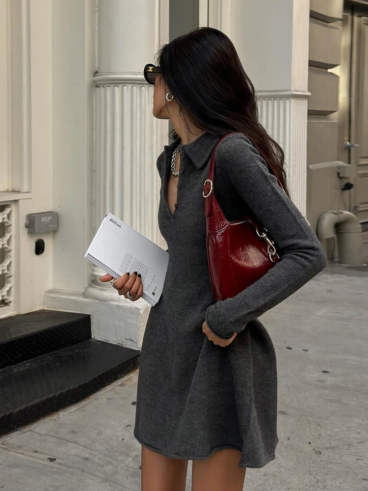 Aiertu  -  Sexy Y2K Fashion Dress Women Elegant Button Polo-Neck Full Sleeve Streetwear Casual Simple Daily Classic Mini Bodycon Aiertu