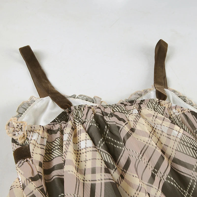 Aiertu  Sweet Plaid Bow Cute Simple Camisole Dresses Tops Fashion All-Match Retro Women Home Clothing Aiertu