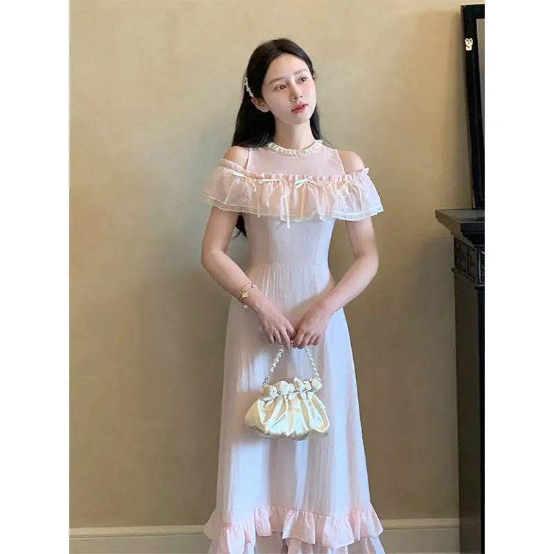 Aiertu  -   summer sweet girls pink long dress lace splicing ruffled off shoulder o neck short sleeve high waist slim a line dresses Aiertu