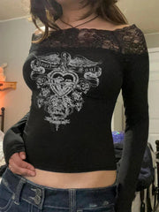 Aiertu - summer inspo Gothic Retro Lace Trim Slash Neck Blouses Women?Long Sleeve Y2k Darkly Chic Print Autumn Trendy Fashion Tops Aiertu