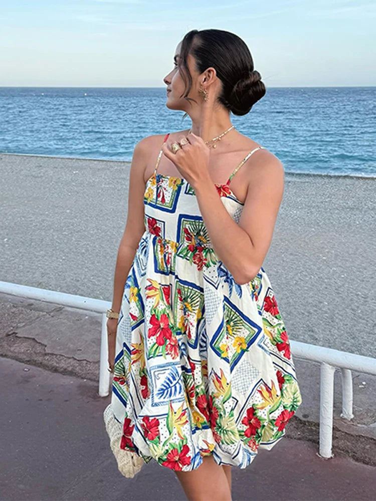 Aiertu  -  Strapless Slip Print Short Dress Pleated Fluffy Halter Flower Bud Women Dresses Fashion Seaside Vacation Beach Strap Dress New Aiertu