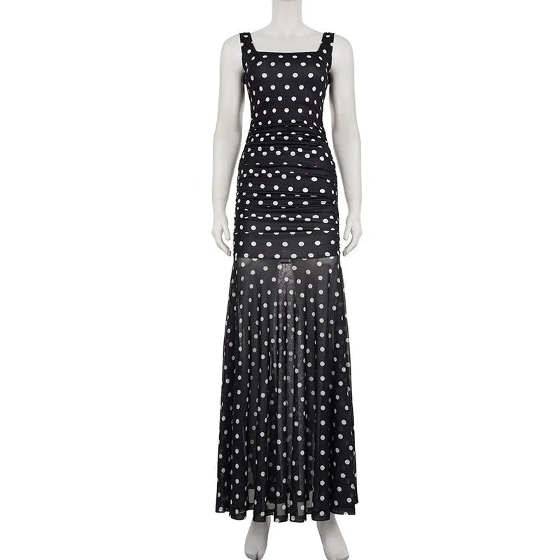 Aiertu  -  See Through Polka Dot Print Mesh Summer Dress French Style Elegant Square Neck Sleeveless Long Dresses P77-EG35 Aiertu