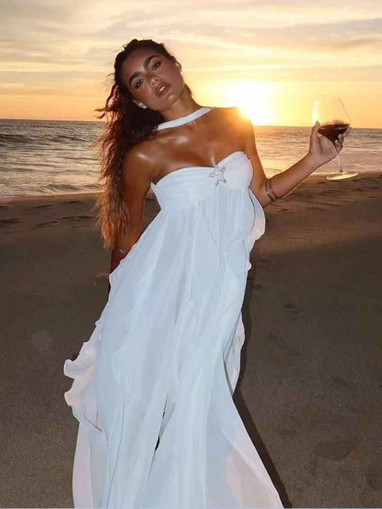 Aiertu  -  Sexy Backless Halter Women's Dresses Fashion Ruffly Pleated Sleeveless Long Dresses Women Retro Elegant Beach Party Dress Aiertu
