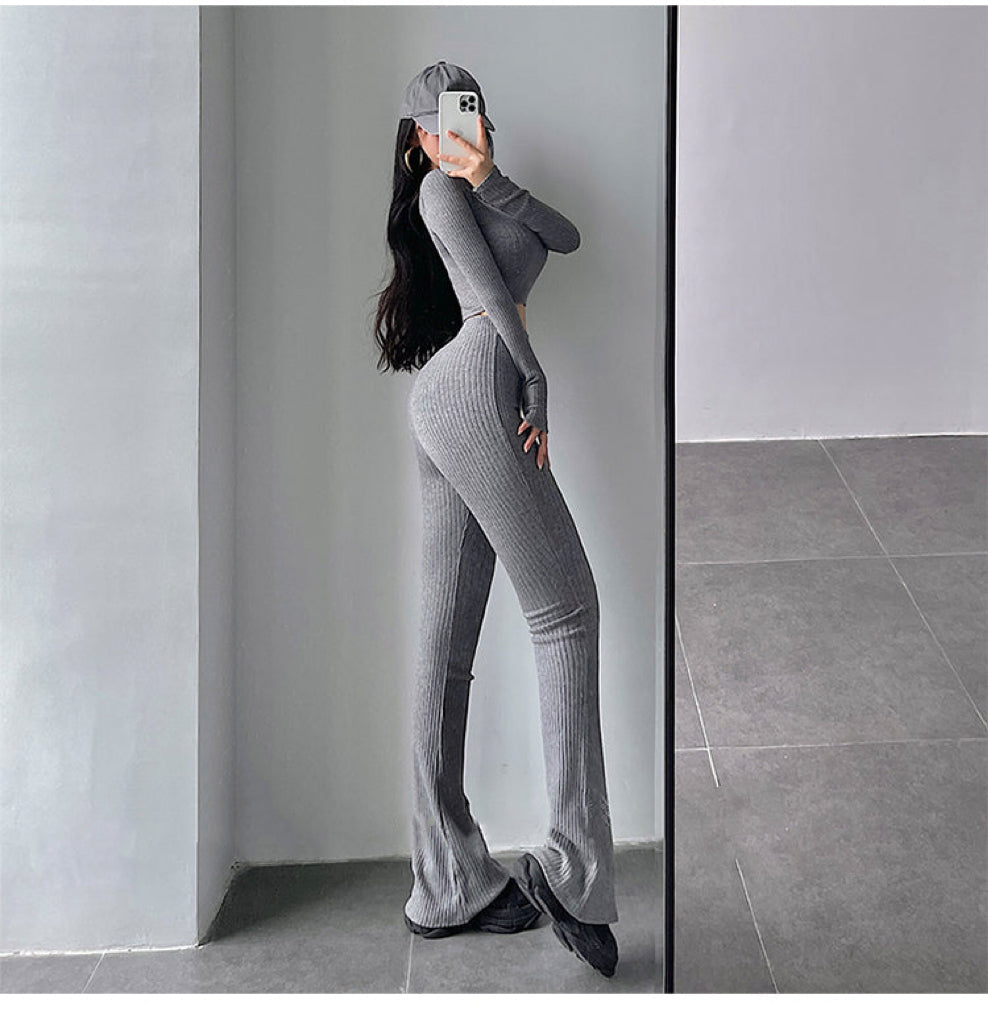 Aiertus Solid Color Ribbed Slim Long Sleeve Cropped Top High Waist Pants Matching Set Aiertu